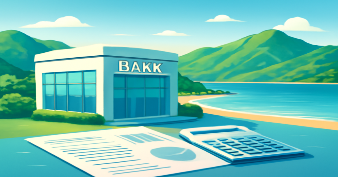 A picturesque view of a bank with mountains and beach, representing банковские кредиты for financial planning.