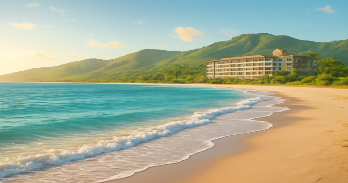 A beautiful beach and mountain scene representing 'сравнение банковских кредитов' for financial clarity.
