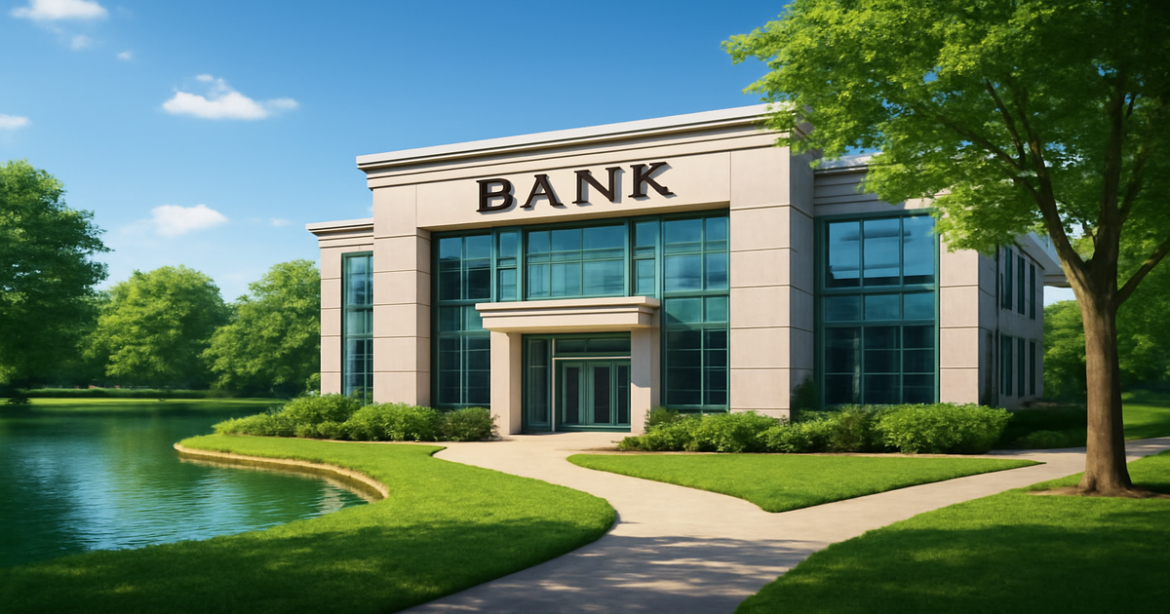 A modern bank building representing banking services in a serene landscape.
