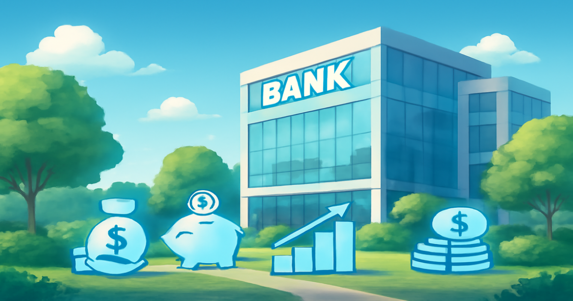 High-quality image illustrating банковские услуги with a modern bank and banking service icons.
