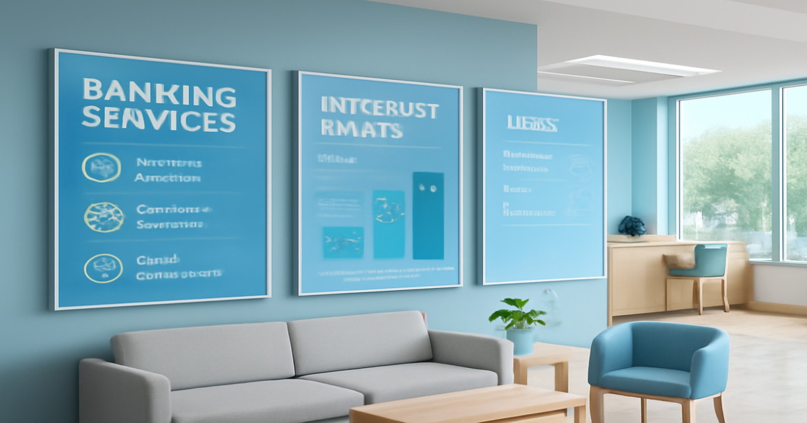 A modern bank interior visualizing банковские услуги comparisons in a professional setting.