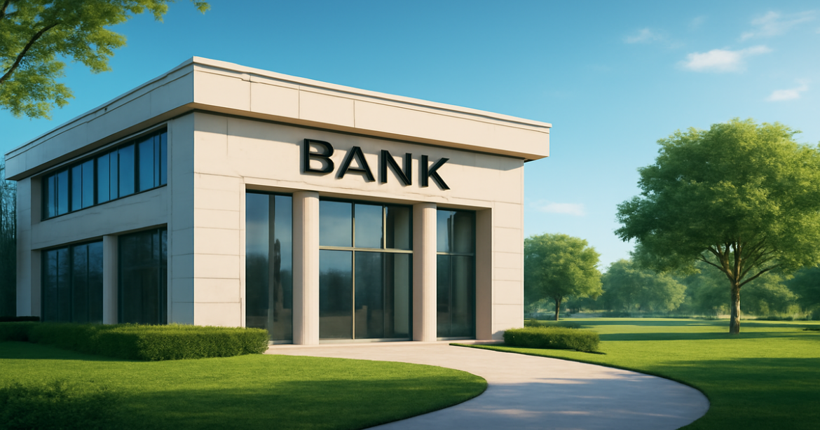 A modern bank building in a serene landscape for comparing banking services.