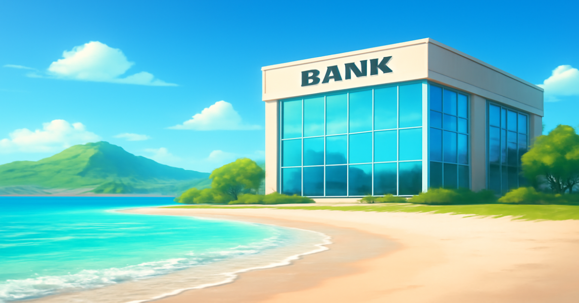 A peaceful bank setting with a beach and mountains, illustrating банковские вклады for savings in 2026.
