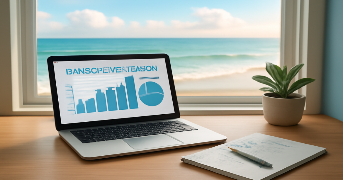 A tranquil workspace highlighting банковские вклады with a beach view, ideal for financial planning.