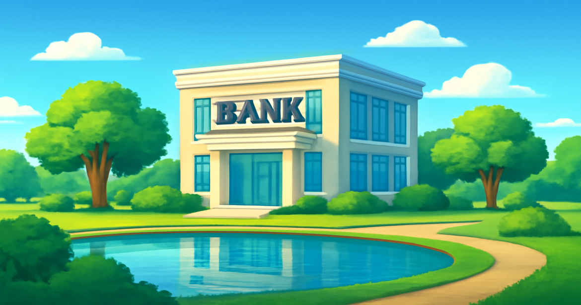 A professional image illustrating a modern bank, symbolizing банковский вклад with a serene landscape.