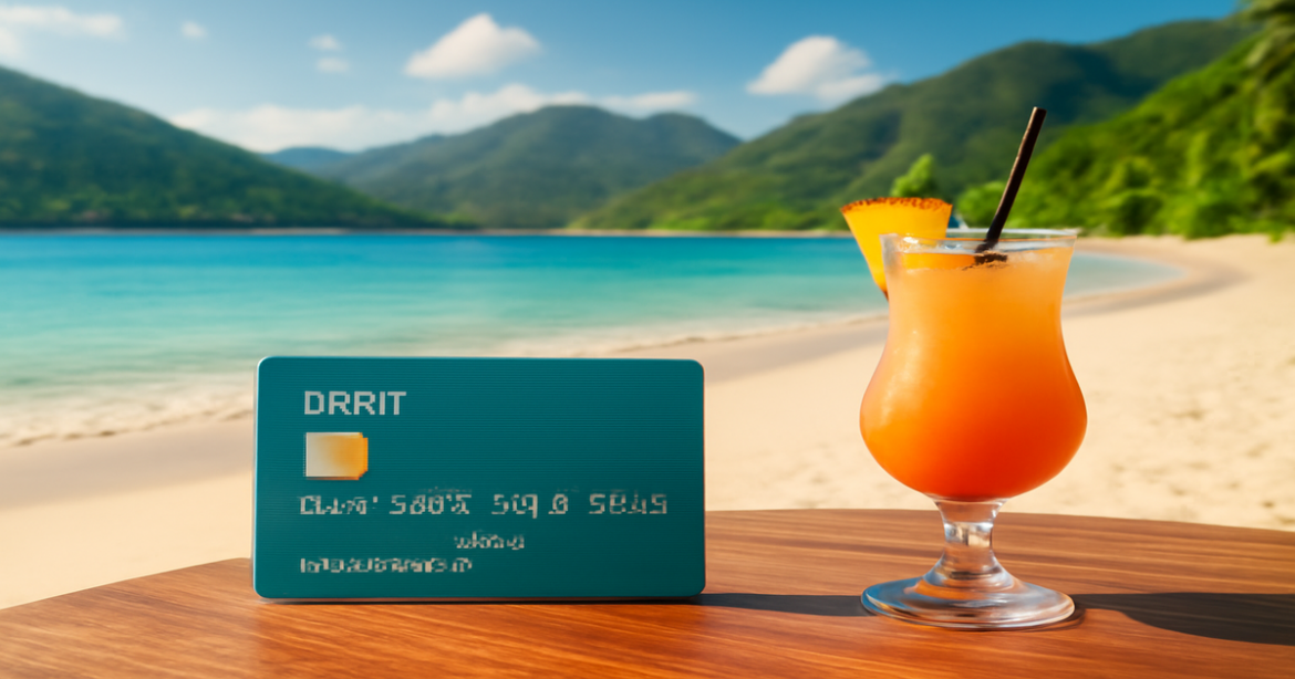 Explore the best debit card options for travel with a serene beach scene and a stylish debit card.