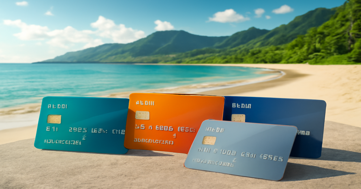 A scenic view of nature with debit cards, illustrating сравнение дебетовых карт in a relaxing setting.