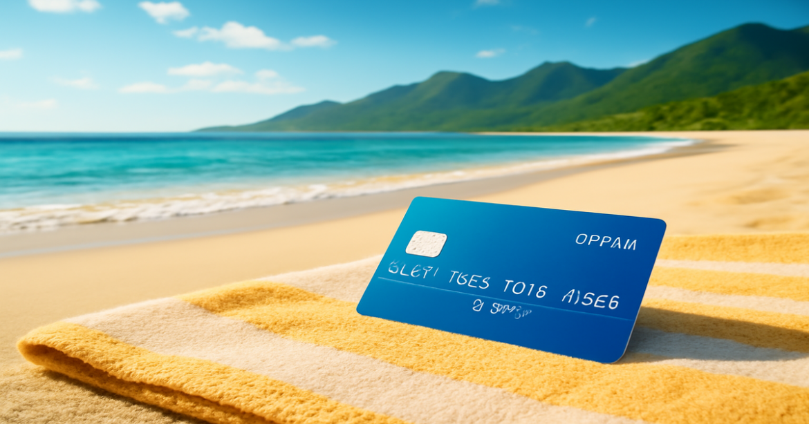 A serene beach scene with a debit card, illustrating сравнение дебетовых карт for financial planning.