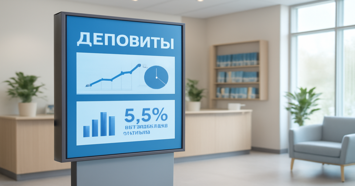 Modern bank interior focused on депозитные счета, showcasing savings options and financial growth.