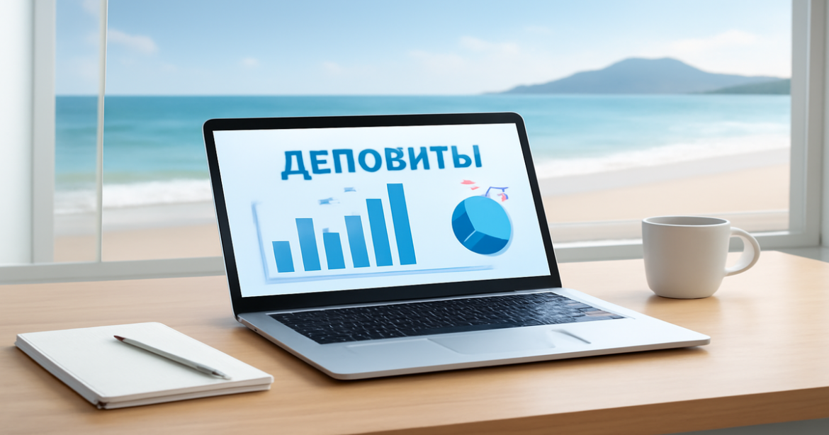 A professional workspace focusing on депозиты, featuring charts in a bright, relaxing environment.