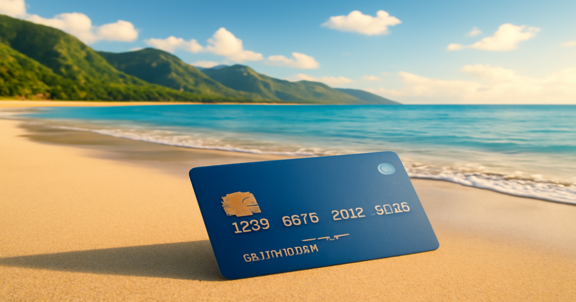 A relaxing beach scene with a credit card, representing сравнение кредитных карт in 2023.