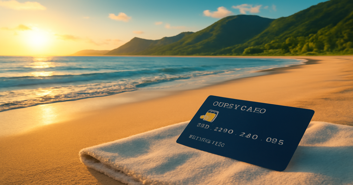 A peaceful beach scene illustrating сравнение кредитных карт, evoking travel and financial freedom.