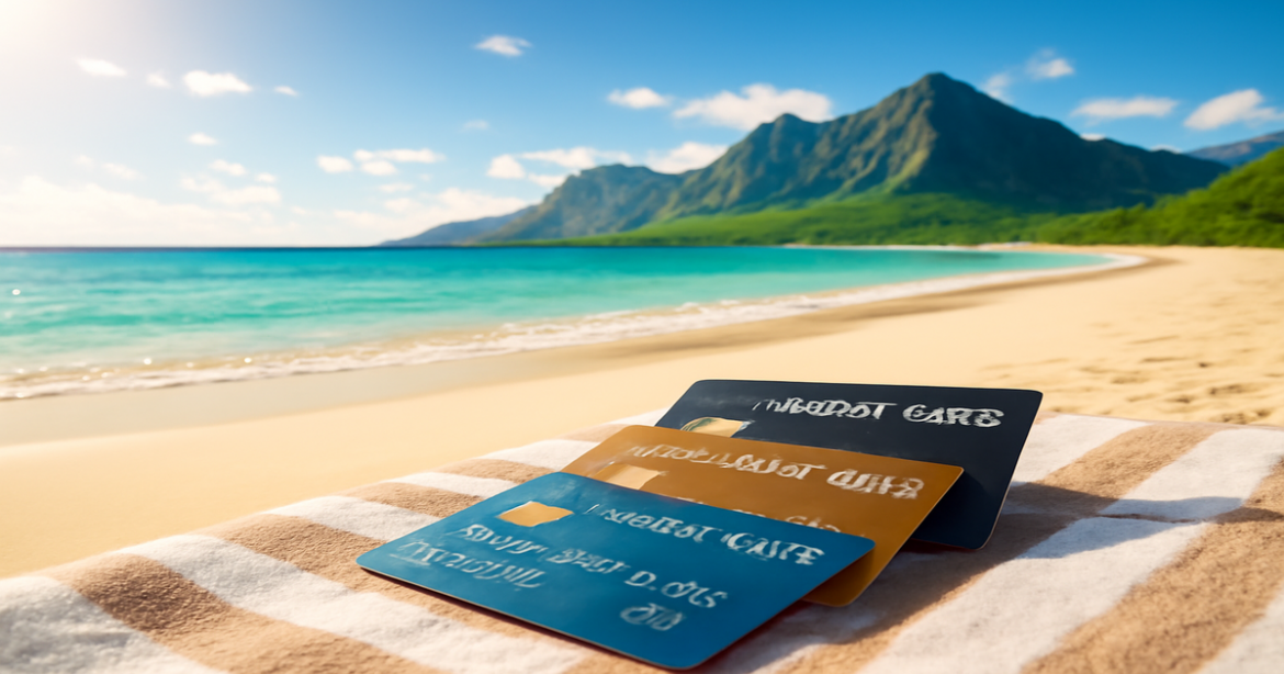 A relaxing travel destination image illustrating сравнение кредитных карт for travel benefits.