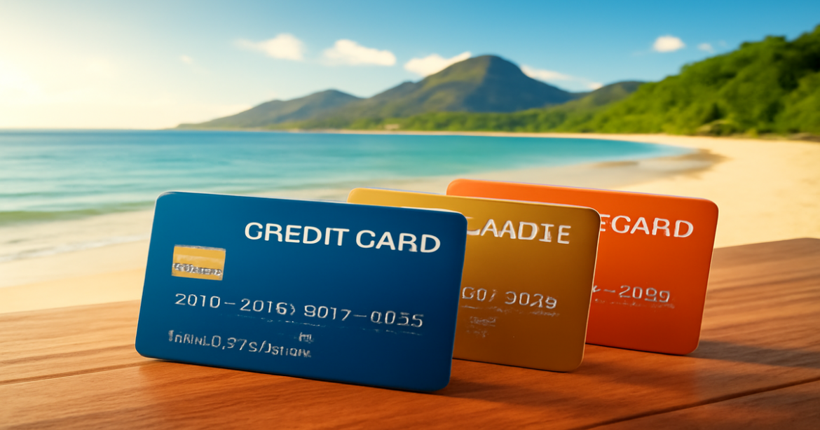 A serene travel destination with credit cards, illustrating the comparison of кредитные карты.
