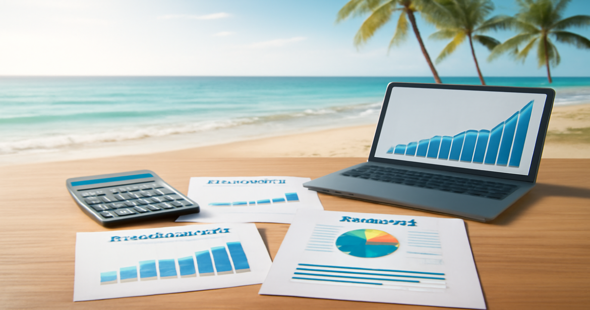 A professional image illustrating various вклады with a serene beach backdrop, perfect for investment planning.