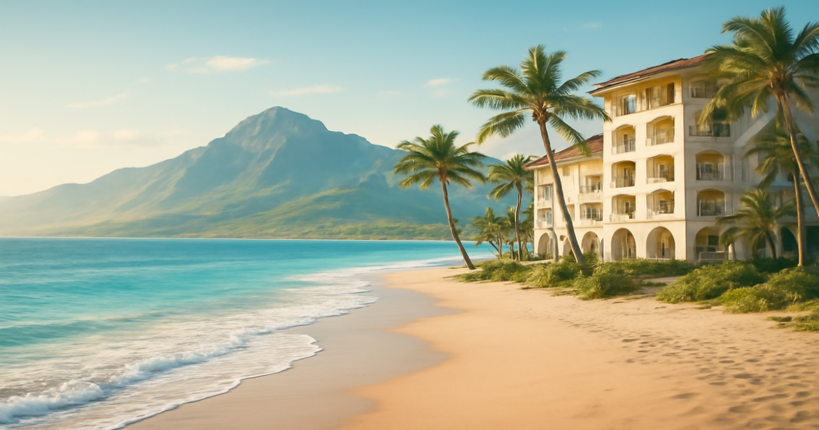 A relaxing travel destination image portraying страхование for travel protection.