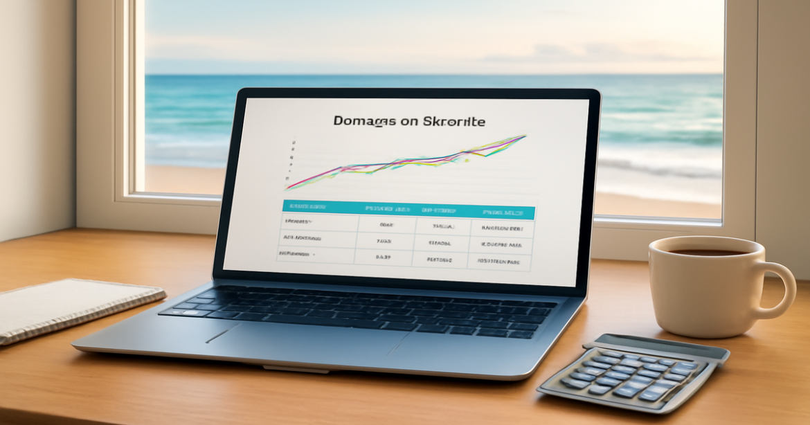 Professional workspace comparing вклады в банках with a calming beach view, perfect for financial planning.