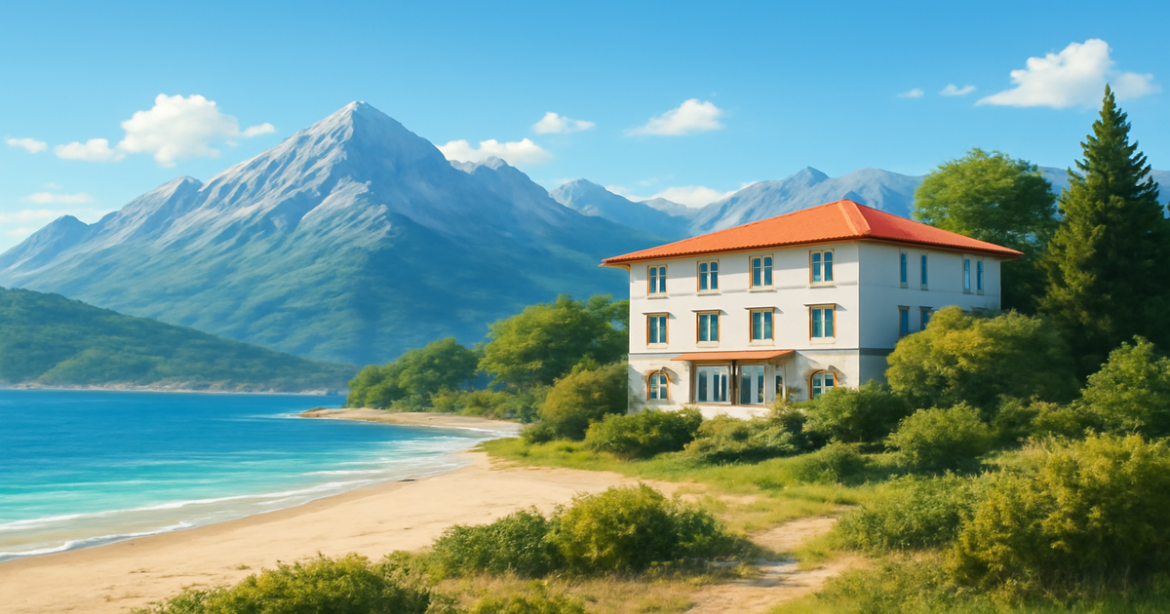 Stunning beach and mountain landscape illustrating страхование for financial protection in travel.