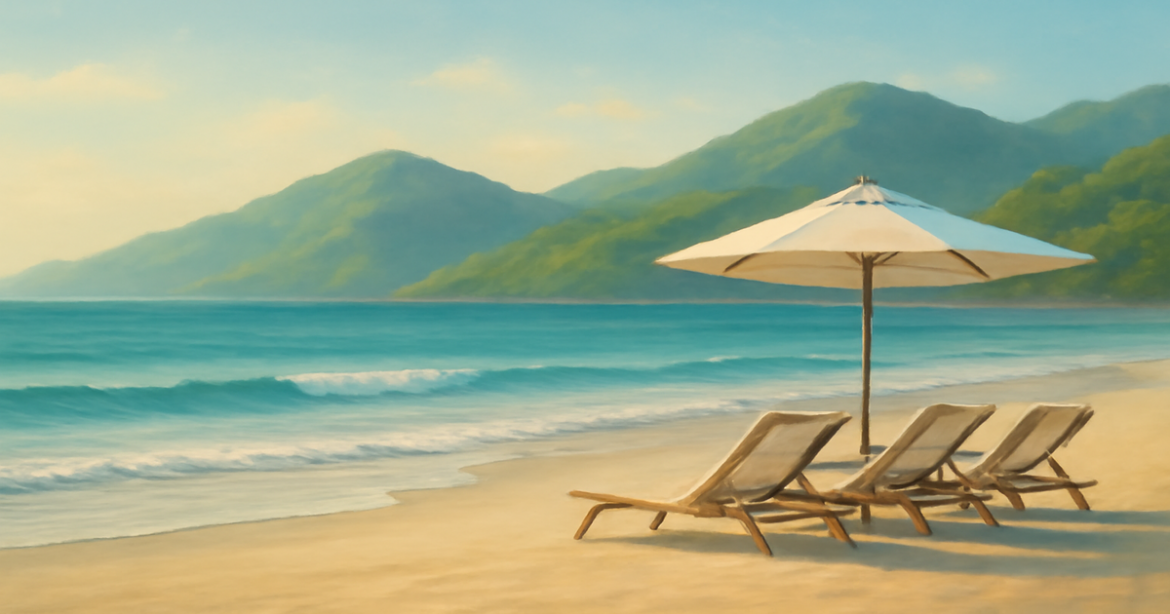 A serene beach landscape symbolizing страхование and financial protection in a relaxing setting.