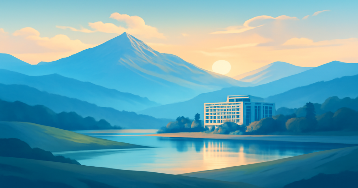 Beautiful mountain landscape with a hotel, representing страхование for financial security.