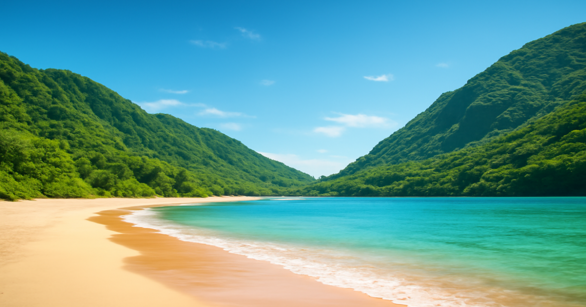 Tranquil beach and mountain landscape symbolizing страхование and financial protection.