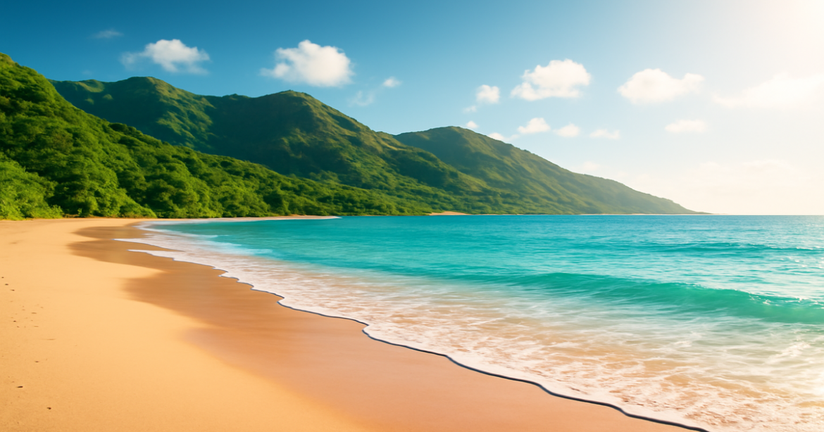 Beautiful beach and mountains symbolizing страхование and financial protection in travel.