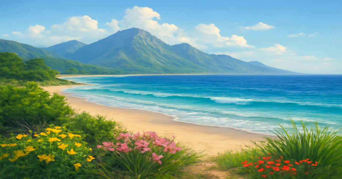 A tranquil beach and mountain landscape symbolizing страхование жизни and family protection.