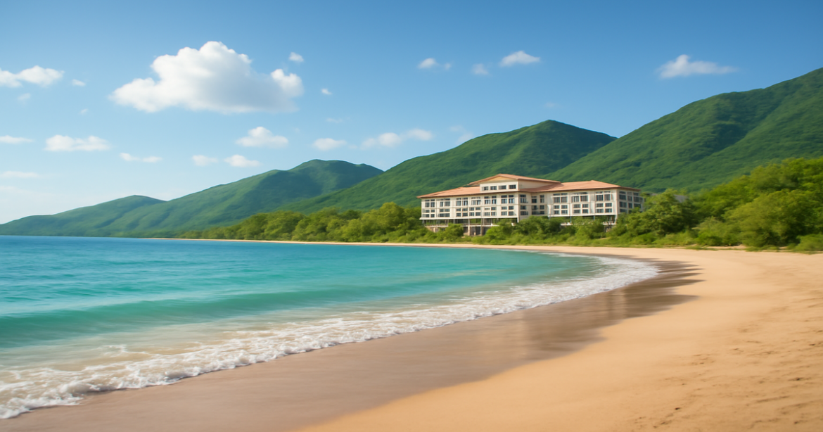 A tranquil beach scene representing страхование жизни and family security amidst nature's beauty.