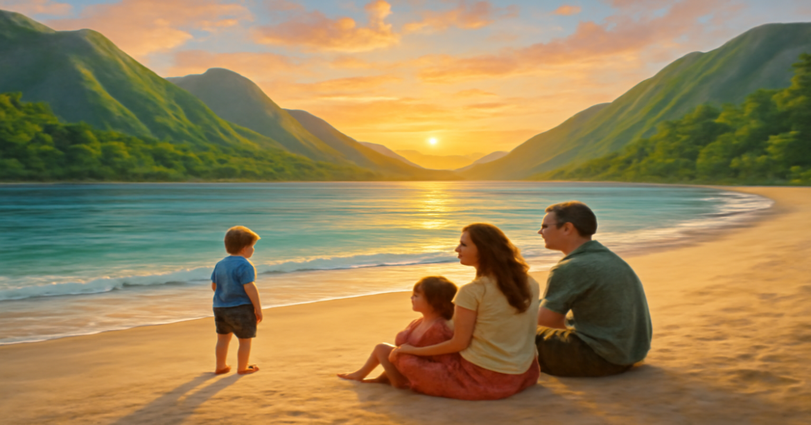A tranquil beach scene highlighting the importance of страхование жизни for family security.