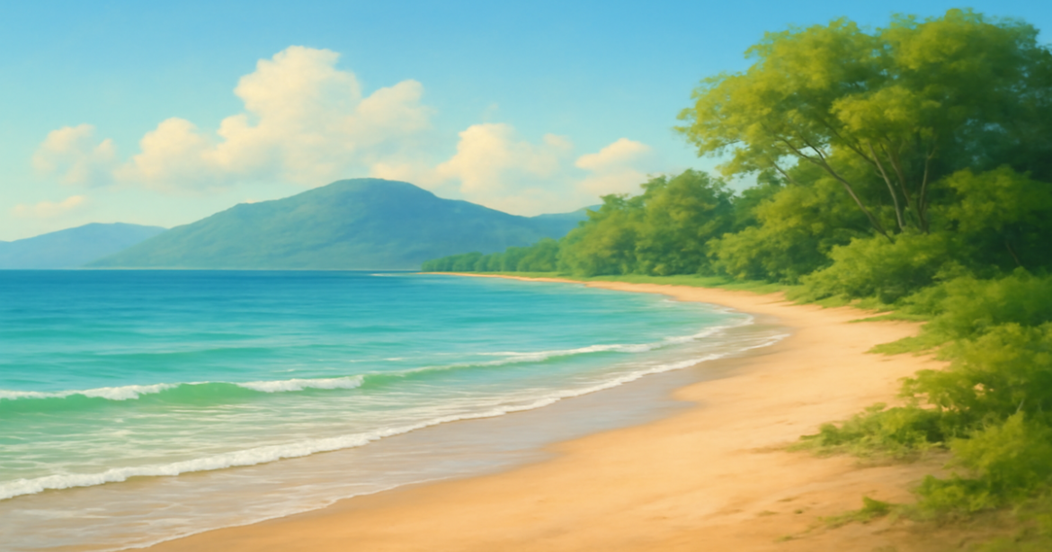 A peaceful beach landscape representing страхование жизни and its benefits for family security.