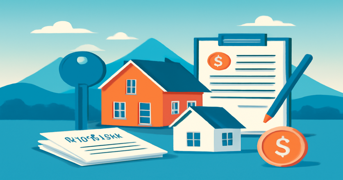 Explore ипотечные кредиты through an artistic depiction of homes and financial elements against a serene backdrop.