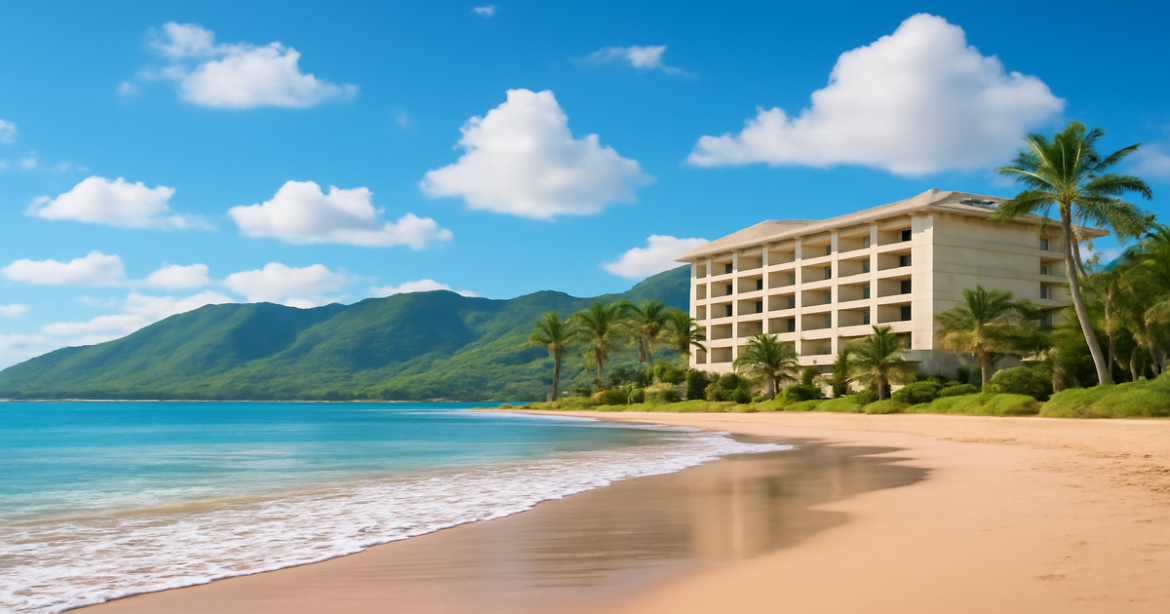 A tranquil beach and mountains scene, inviting travelers to explore потребительский кредит options.