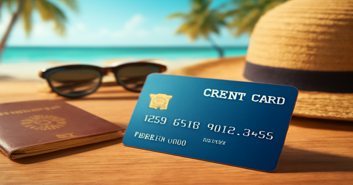 Explore кэшбэком кредитные карты with this bright image of a credit card and travel items.
