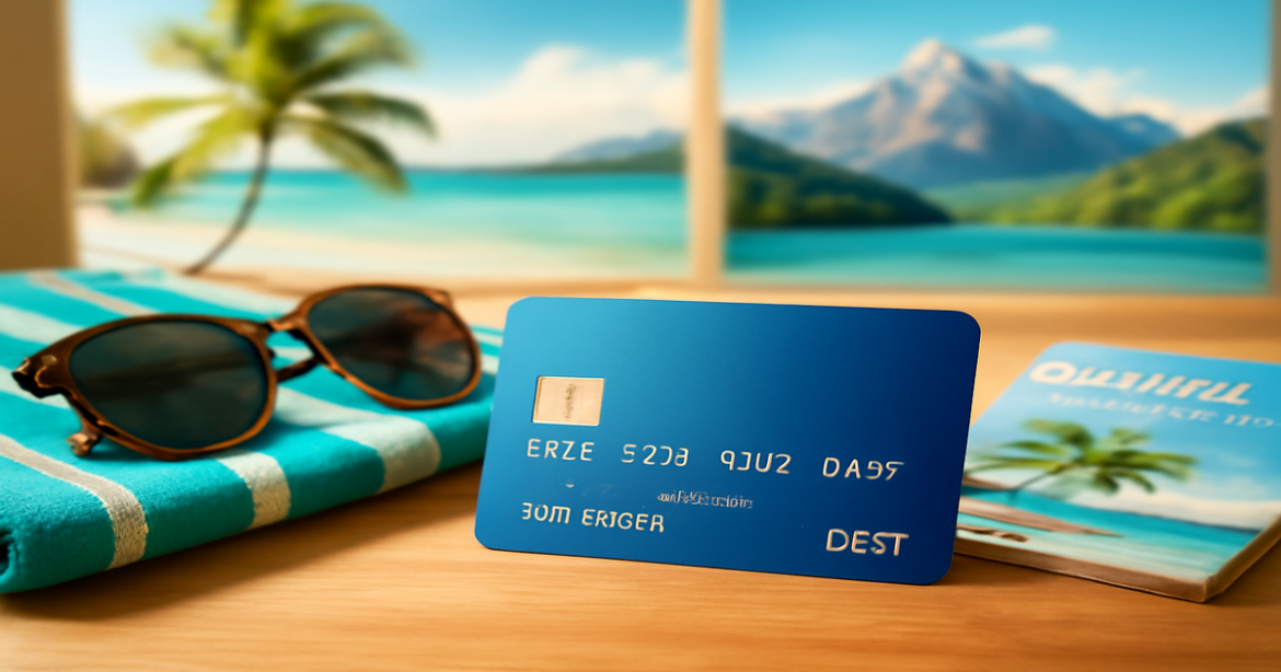 A modern debit card on a travel-themed setup, highlighting financial planning for 2026.
