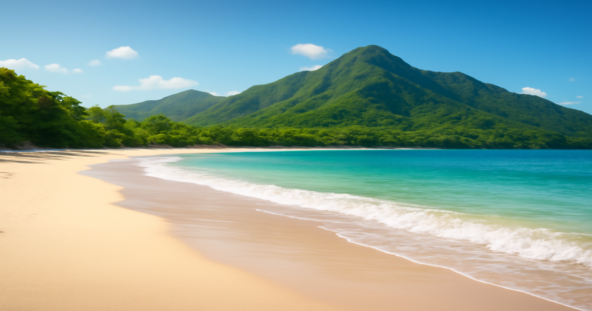 Stunning beach and mountains scene illustrating накопление на депозит for financial stability.
