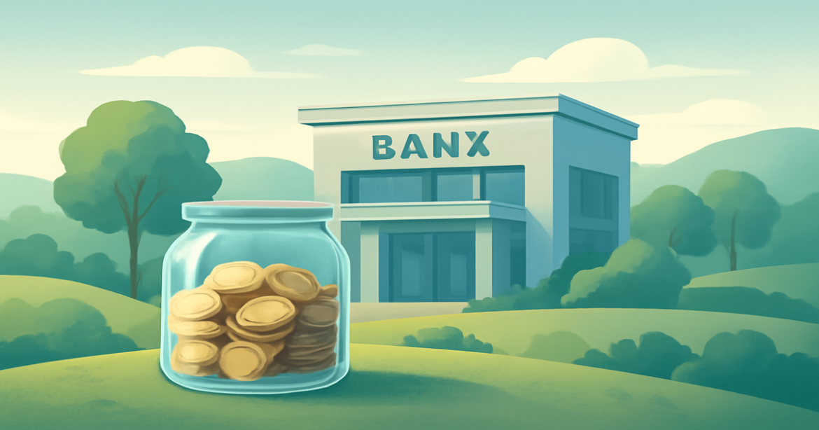 A calming image representing a депозитный счет with a bank, nature, and savings symbols.