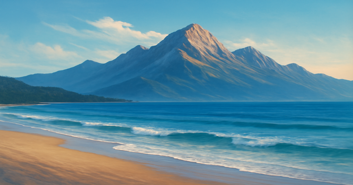 Explore investment products through a serene beach and mountain landscape, embodying financial planning and relaxation.