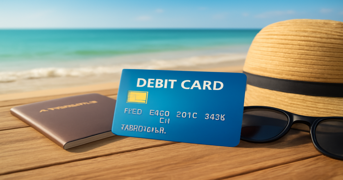 A debit card on a table with travel items, symbolizing personal finance management for travelers.