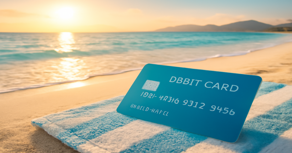 A relaxing beach scene with a debit card, symbolizing financial management and freedom.
