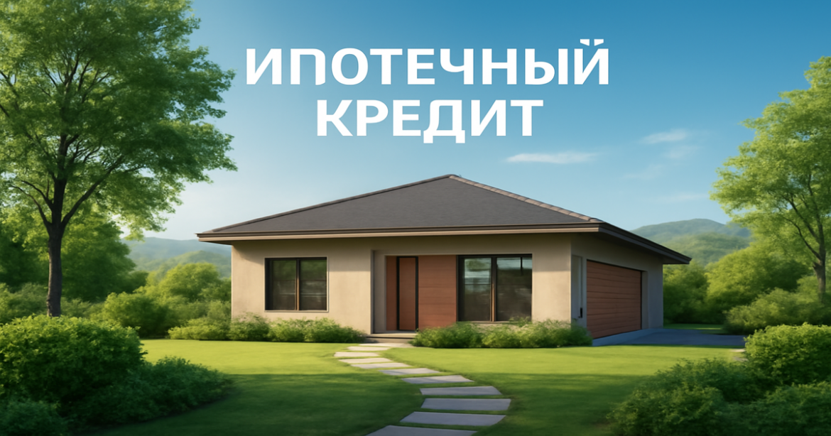 A tranquil home scene representing ипотечный кредит, surrounded by nature and bright skies.