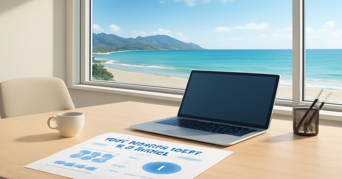 A professional office scene illustrating потребительские кредиты with a beach and mountain view.