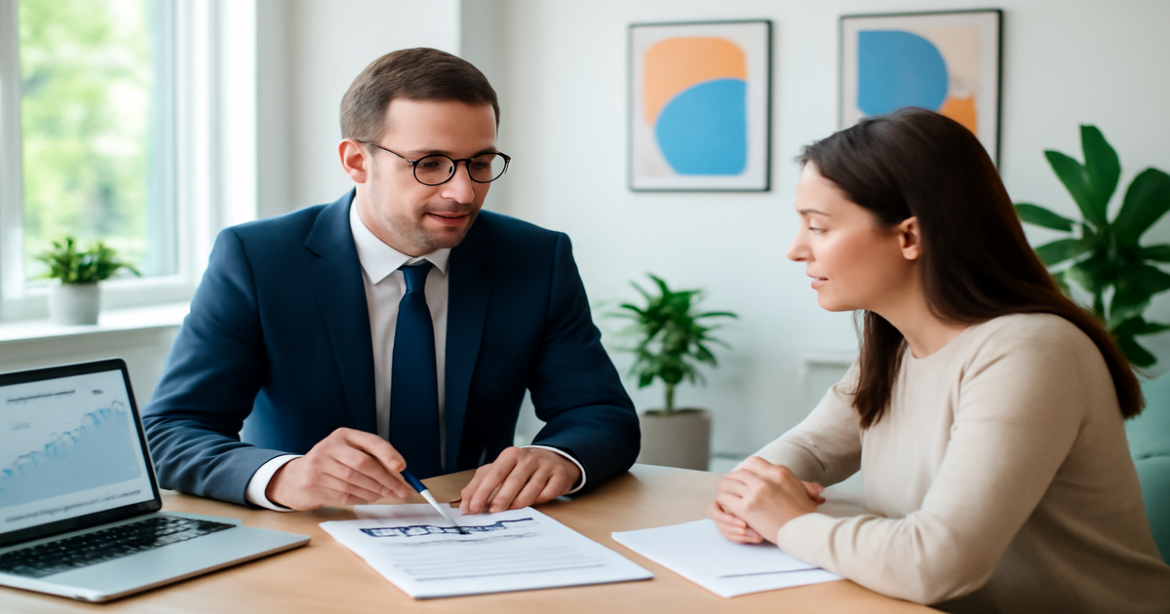 Professional office scene illustrating потребительский кредит in Russia, focusing on financial consultation.
