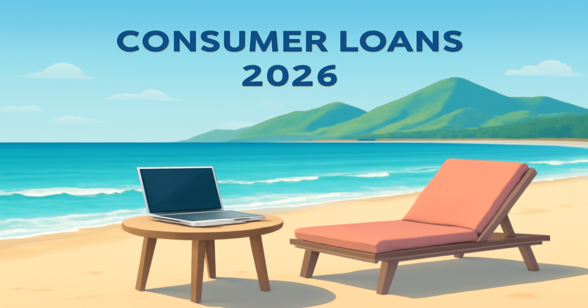 A tranquil beach scene symbolizing consumer loans and financial planning in 2026.