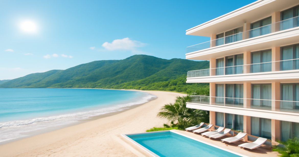 Beautiful beach scene with mountains and a hotel, representing consumer credit options for travel.