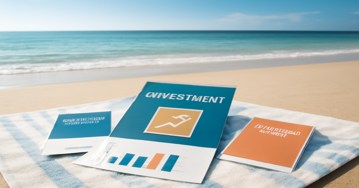 Explore investment products in a serene beach setting, perfect for financial planning.