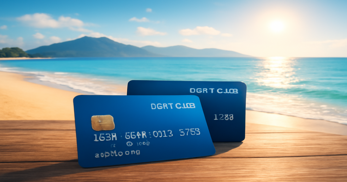 A tranquil beach scene illustrating выбор банковской карты with debit and credit cards on a table.