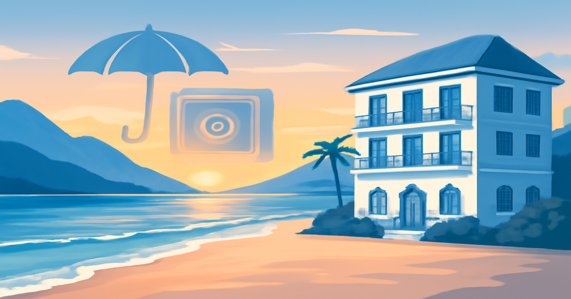 A tranquil landscape symbolizing страховые продукты, featuring mountains and beaches under a serene sunset.