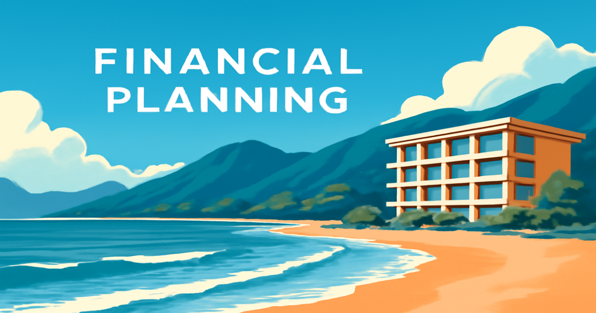 A tranquil beach scene illustrating financial planning with mountains and a hotel, embodying success and peace.
