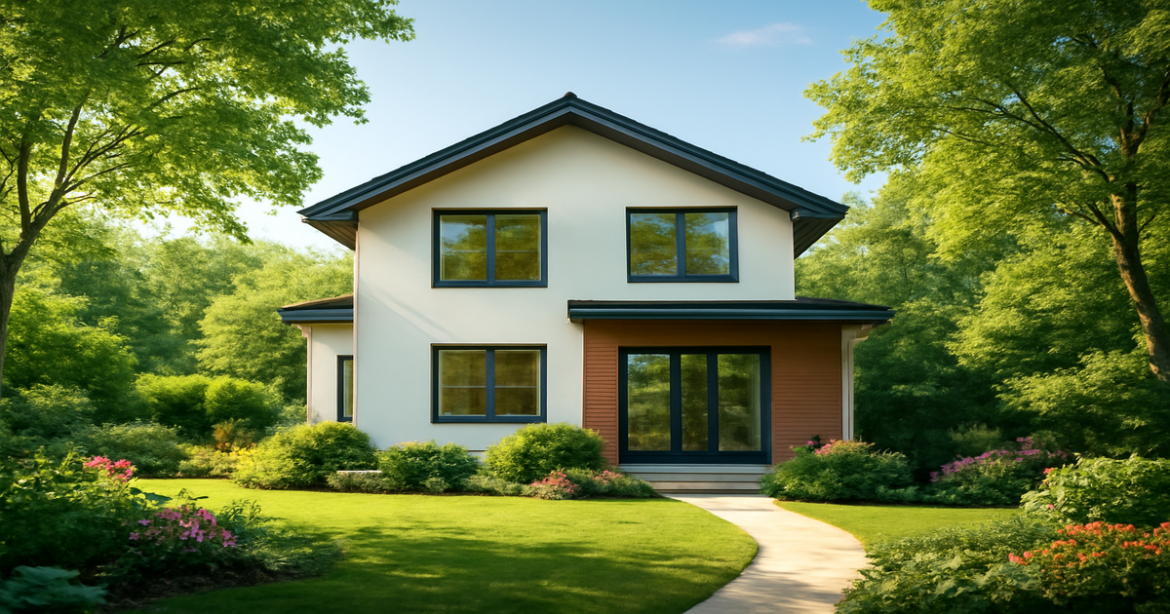 A tranquil home representing ипотечный кредит, surrounded by nature and bright skies.