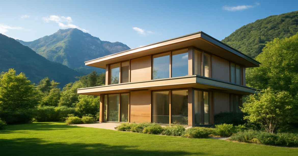 A modern home in the mountains symbolizing ипотечный кредит, surrounded by nature's beauty.